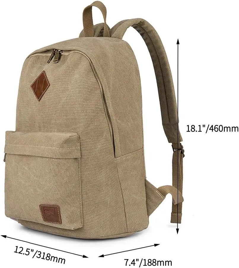 Canvas College Laptop Backpack, Durable Rucksack, Travel Bag Fits 15.6 Inch Notebook for Men Women, Khaki