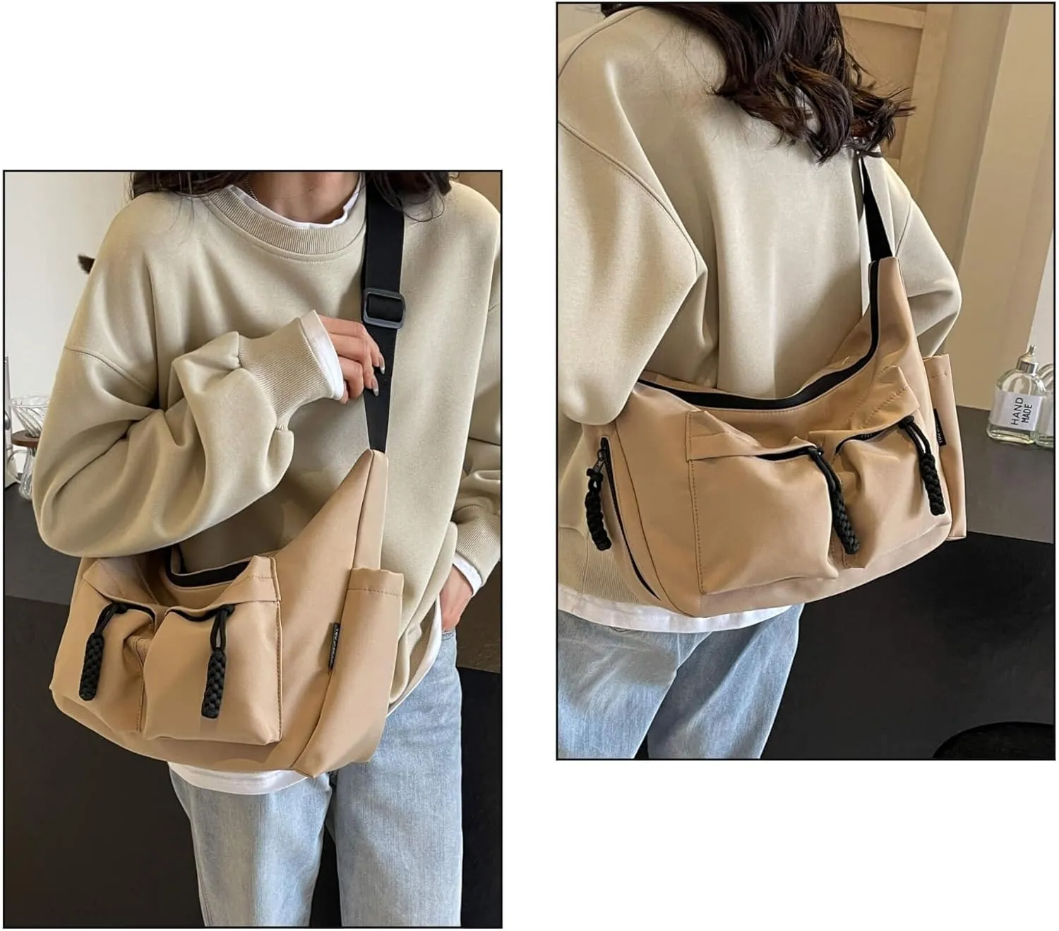 Canvas Crossbody Crescent Bag for Women Men, Lightweight Hobo Purse with Adjustable Strap