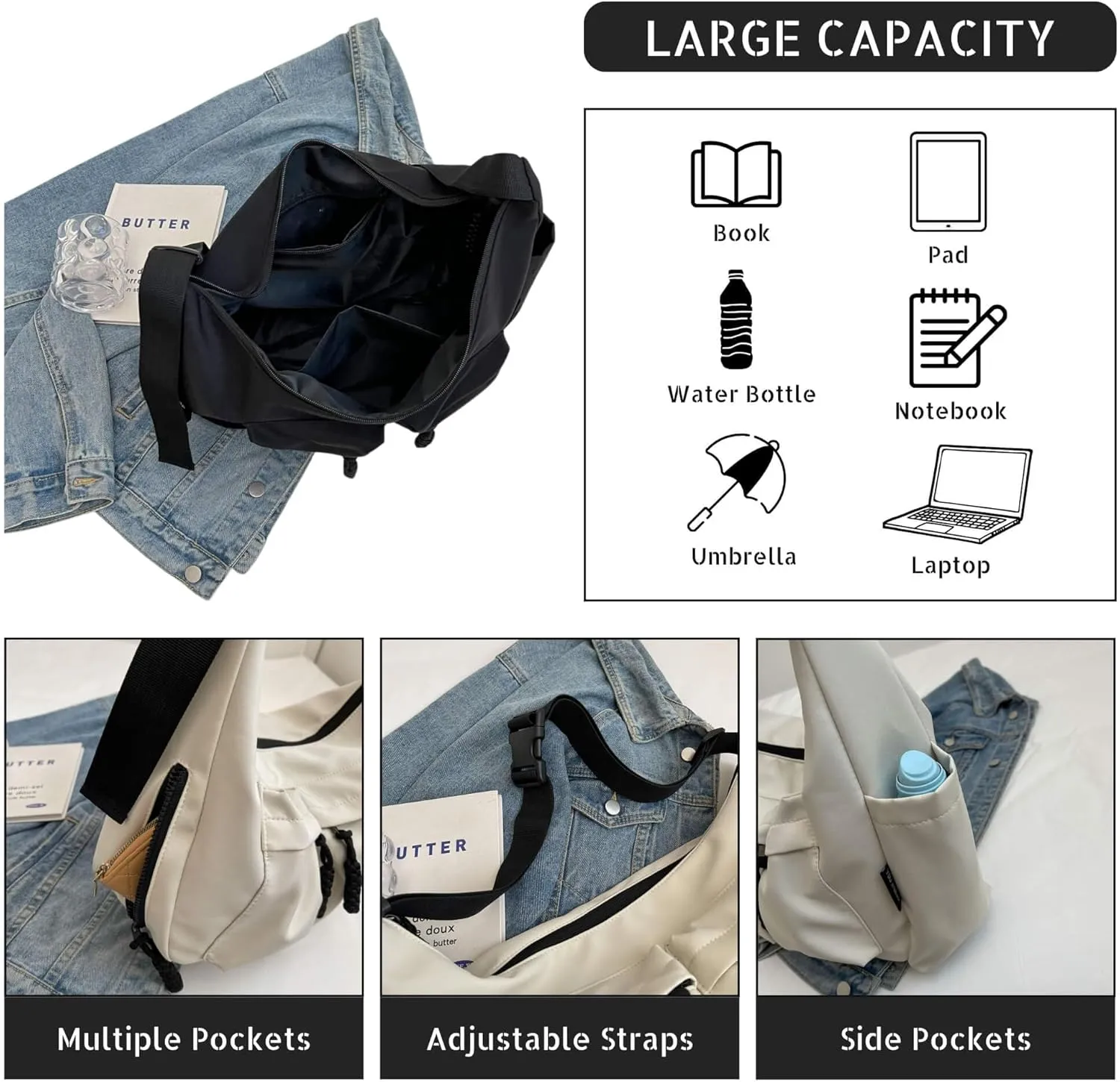 Canvas Crossbody Crescent Bag for Women Men, Lightweight Hobo Purse with Adjustable Strap