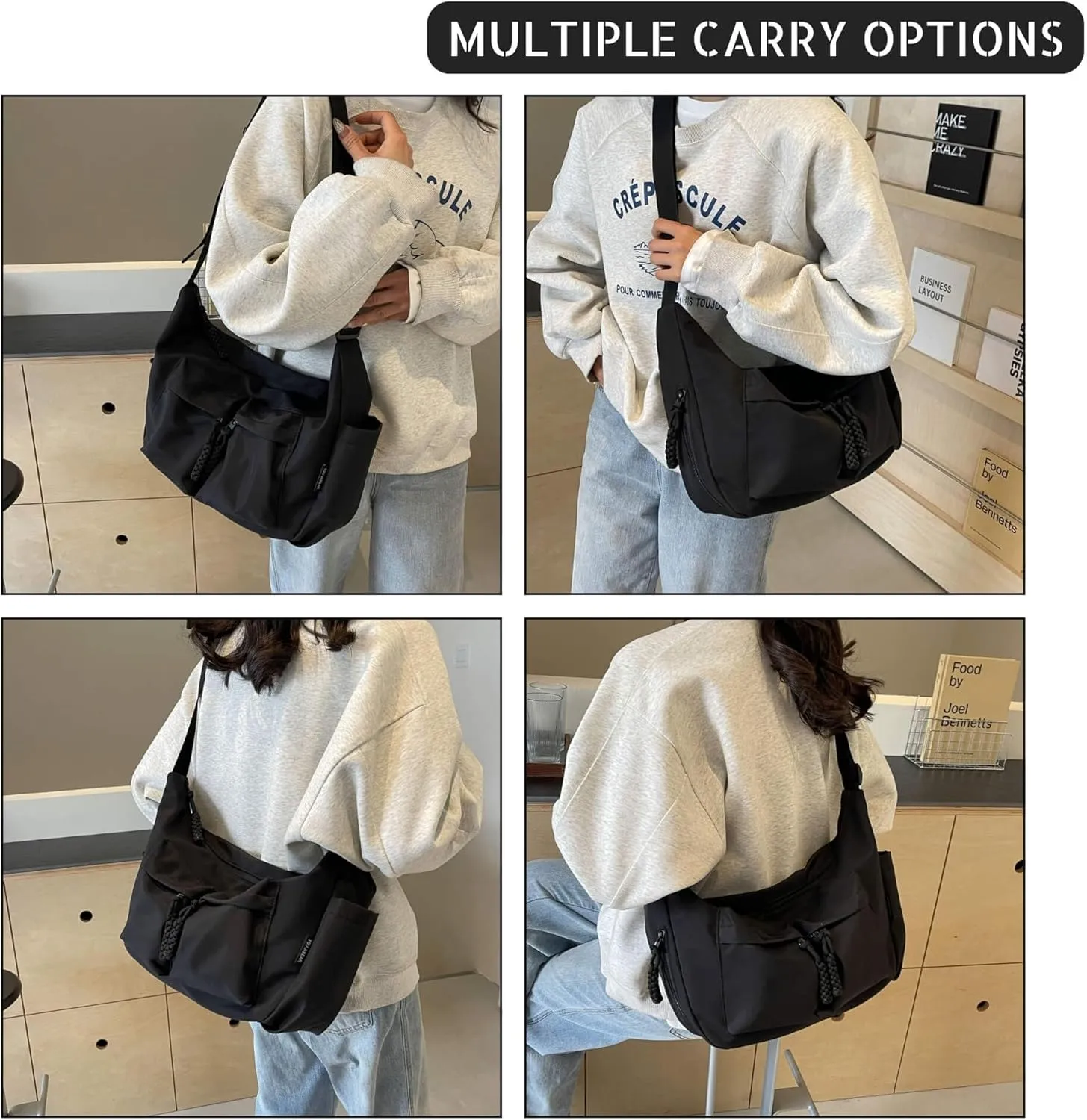 Canvas Crossbody Crescent Bag for Women Men, Lightweight Hobo Purse with Adjustable Strap