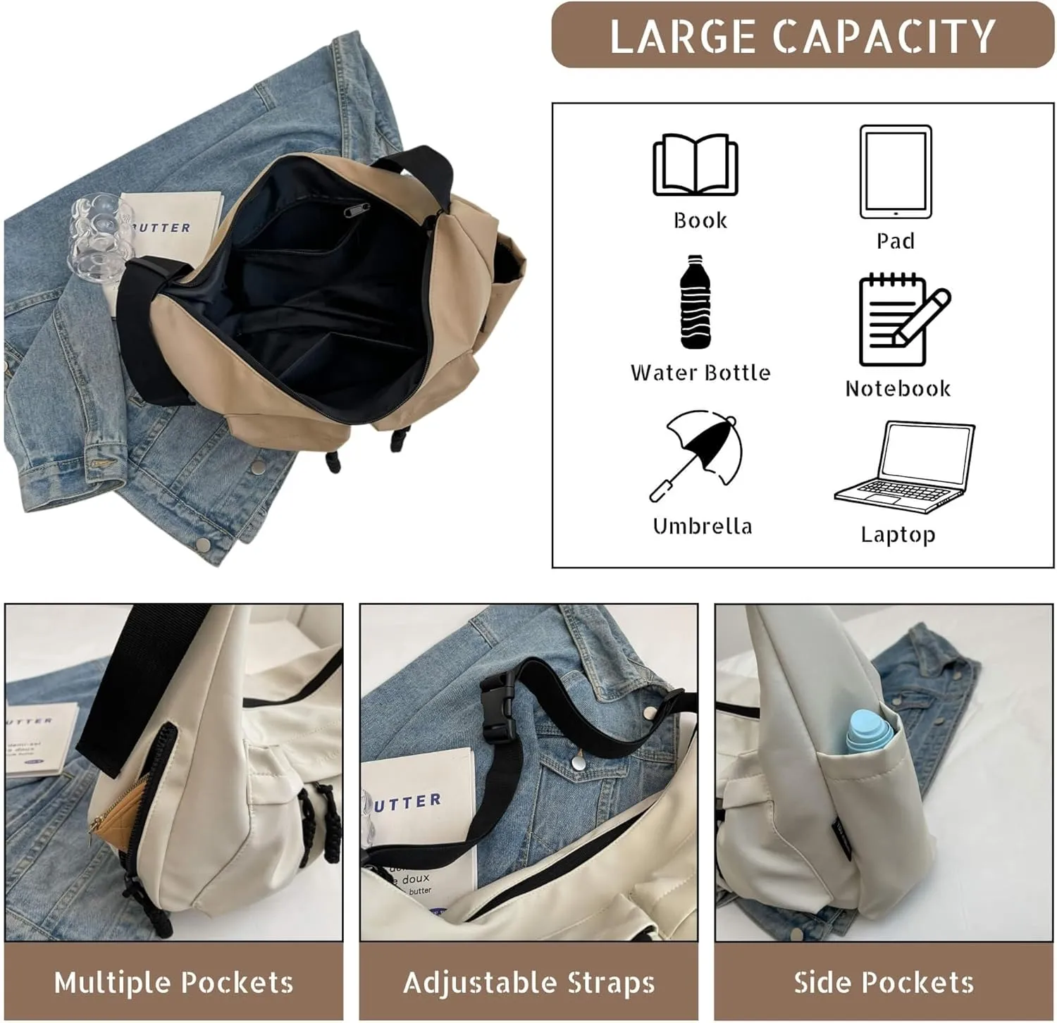 Canvas Crossbody Crescent Bag for Women Men, Lightweight Hobo Purse with Adjustable Strap