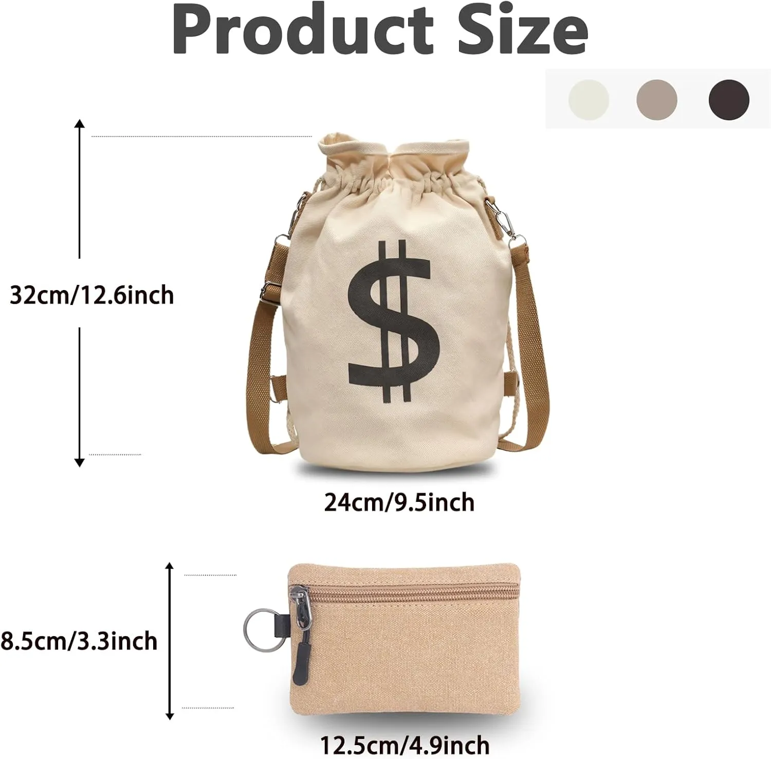 Canvas Drawstring Backpack with Coin pouch, Large Money Dollar Sign Bucket Rucksack, Lightweight Sport Bags (Deep Black)