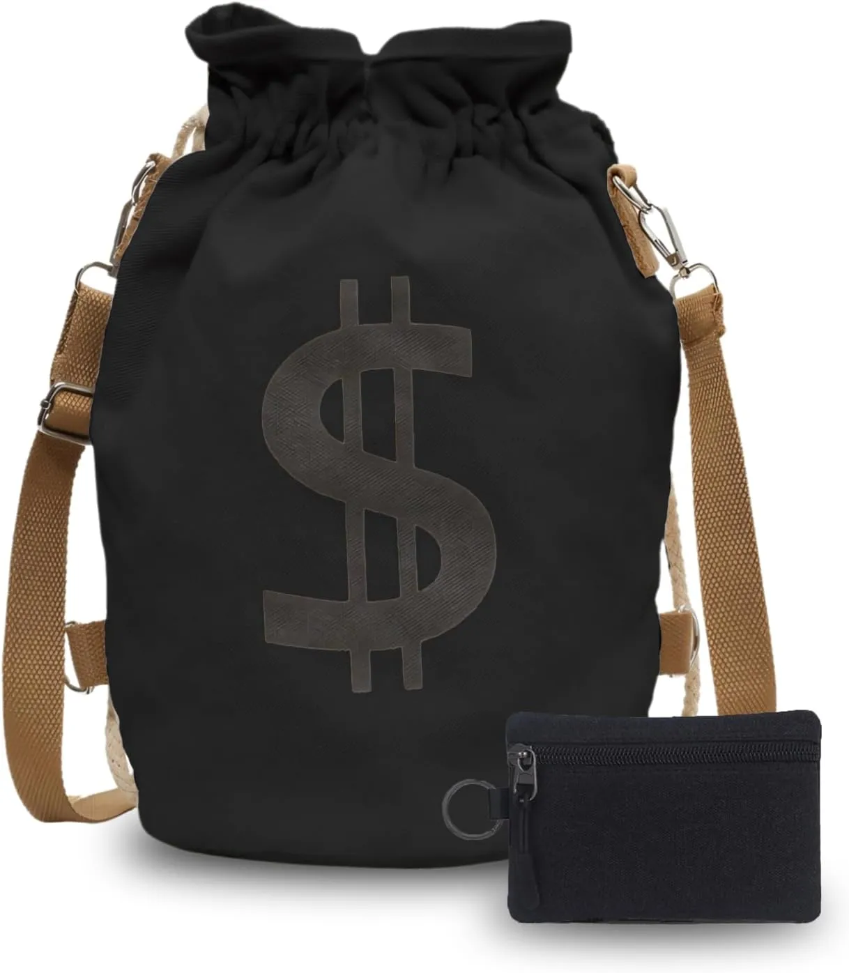 Canvas Drawstring Backpack with Coin pouch, Large Money Dollar Sign Bucket Rucksack, Lightweight Sport Bags (Deep Black)