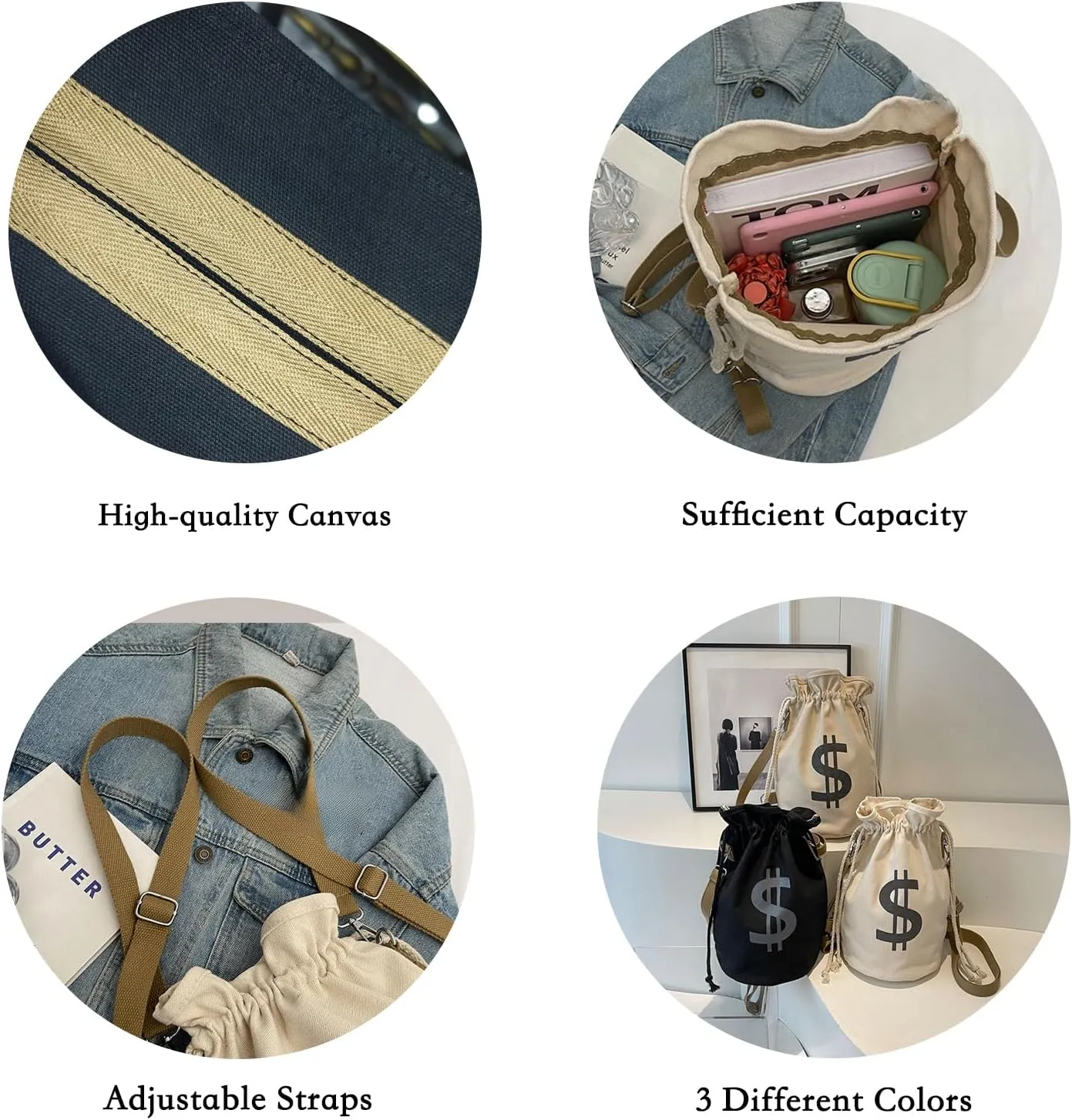 Canvas Drawstring Backpack with Coin pouch, Large Money Dollar Sign Bucket Rucksack, Lightweight Sport Bags (Deep Black)