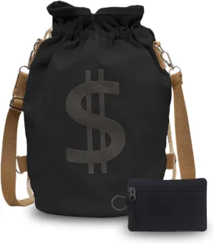 Canvas Drawstring Backpack with Coin pouch, Large Money Dollar Sign Bucket Rucksack, Lightweight Sport Bags (Deep Black)