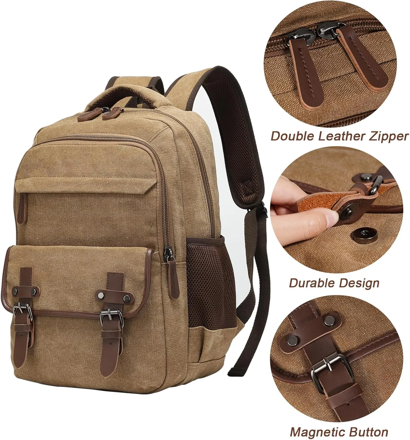 Canvas Laptop Backpack, Vintage Daypack for Men Women, Work Travel Rucksack College Bookbag Computer Bag with 15-inch Laptop Sleeve, Brown