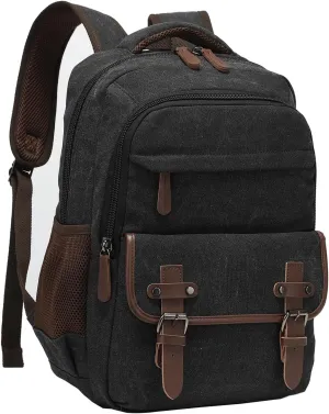 Canvas Laptop Backpack with USB Charging Port, Vintage Daypack for Men Women, Black Travel Work Rucksack College Computer Bag Bookbag Fits 15.6 Inch Lapop, Black