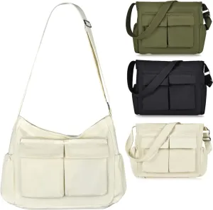 Canvas Messenger Bag Large Hobo Crossbody Bag with Multiple Pockets, Vintage Messenger Shoulder Bag for Men Women
