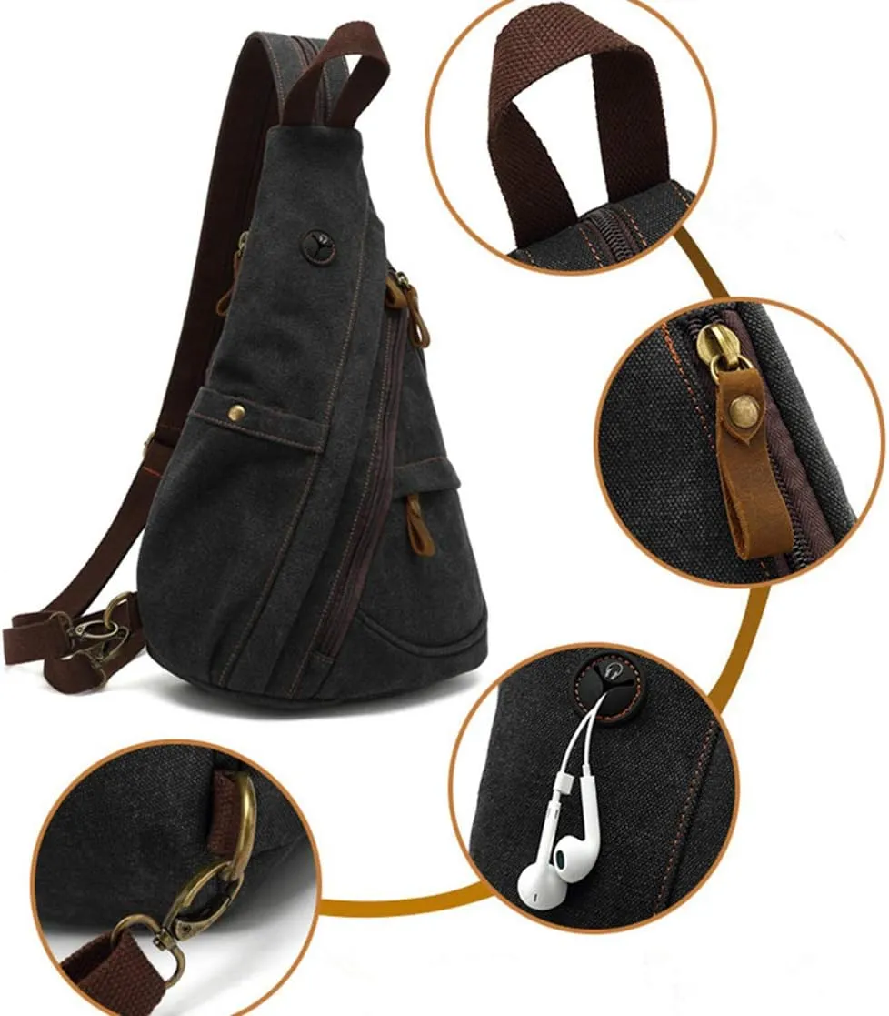 Canvas Sling Bag Backpack Small Crossbody Shoulder Casual Daypack Rucksack for Men Women Outdoor Cycling Hiking Travel (Black)
