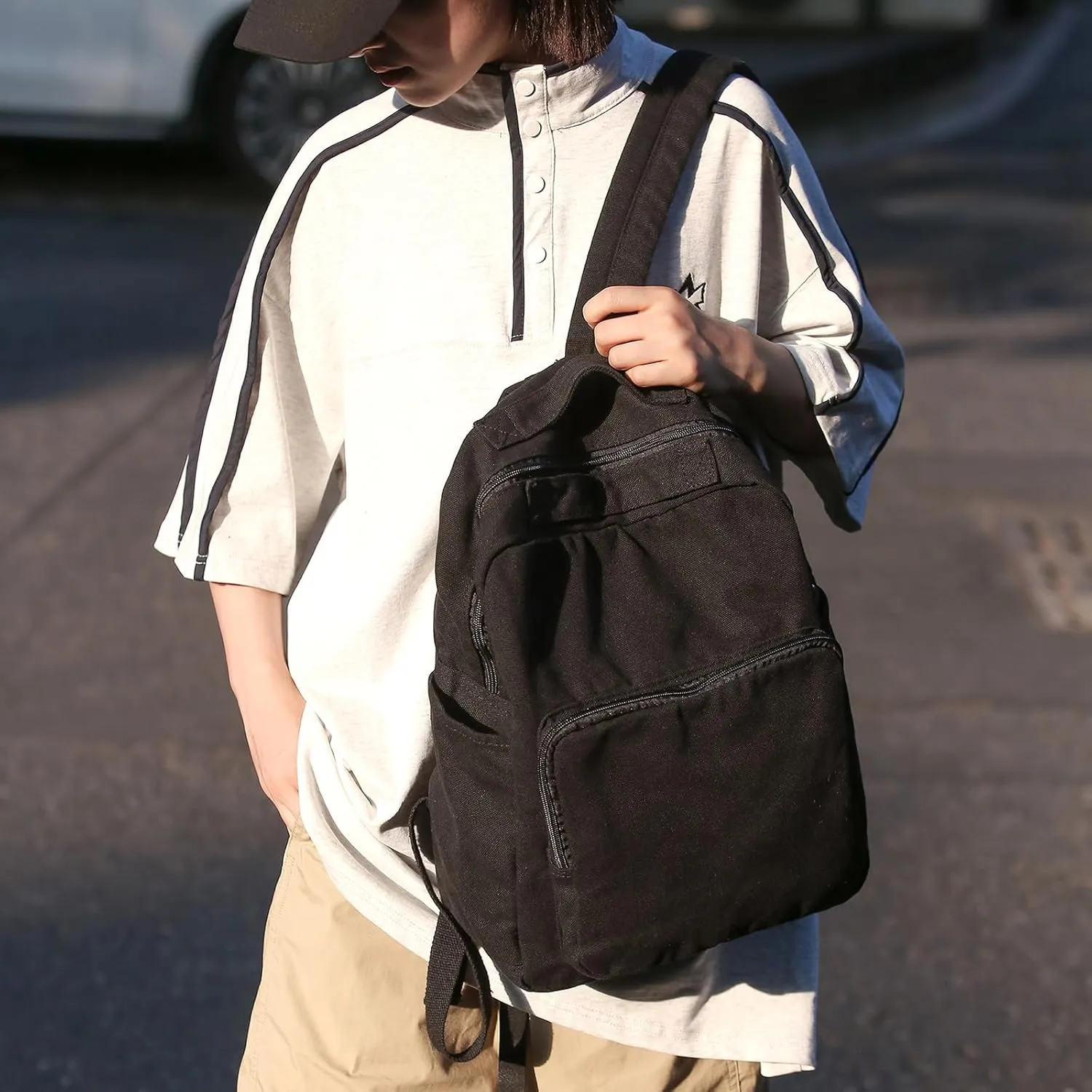 Canvas Small Backpack Purse for Women Cute Aesthetic Black Mini Backpack for Teen Girls Ladies Vintage School Bookbag Purse