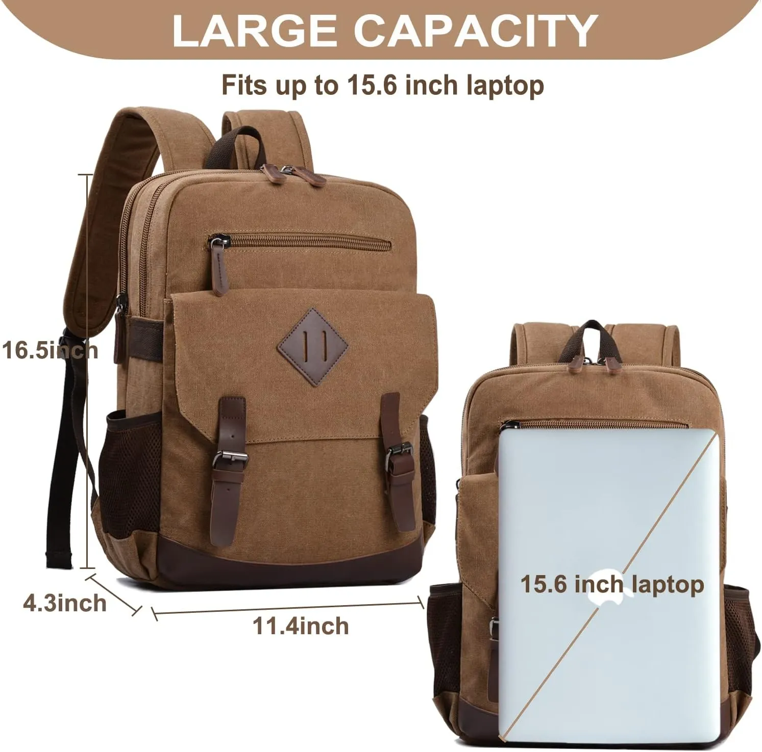 Canvas Vintage Laptop Backpack for Women Men, College Bookbag Fits 15.6 Inch Laptop (Coffee)