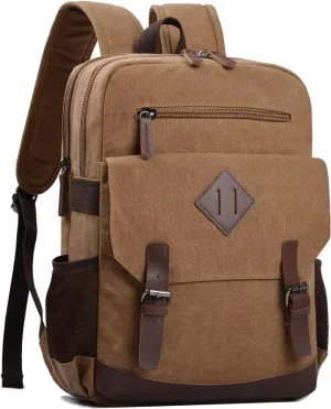 Canvas Vintage Laptop Backpack for Women Men, College Bookbag Fits 15.6 Inch Laptop (Coffee)