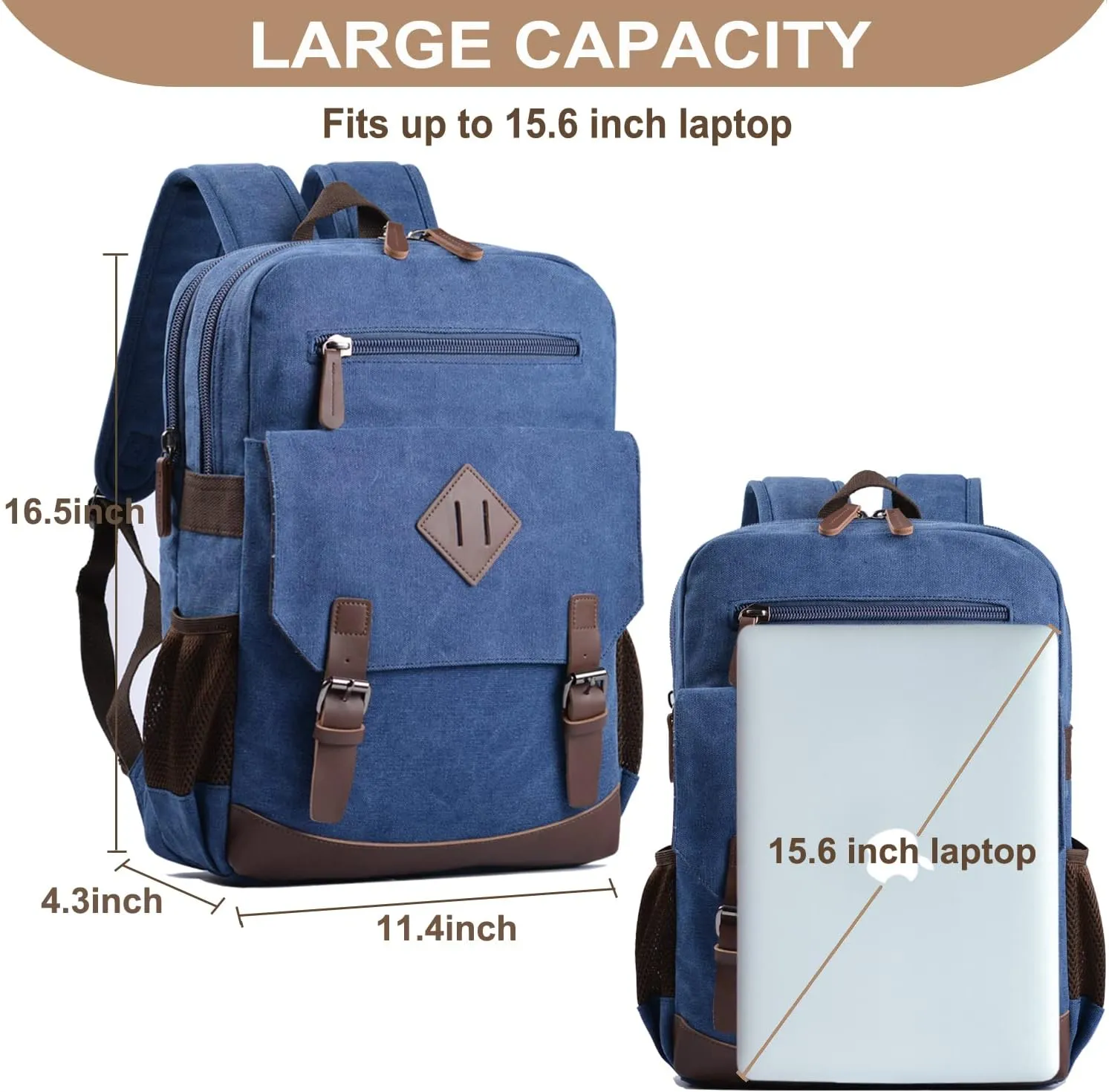 Canvas Vintage Laptop Backpack for Women Men，College Bookbag Fits 15.6 Inch Laptop (Blue)