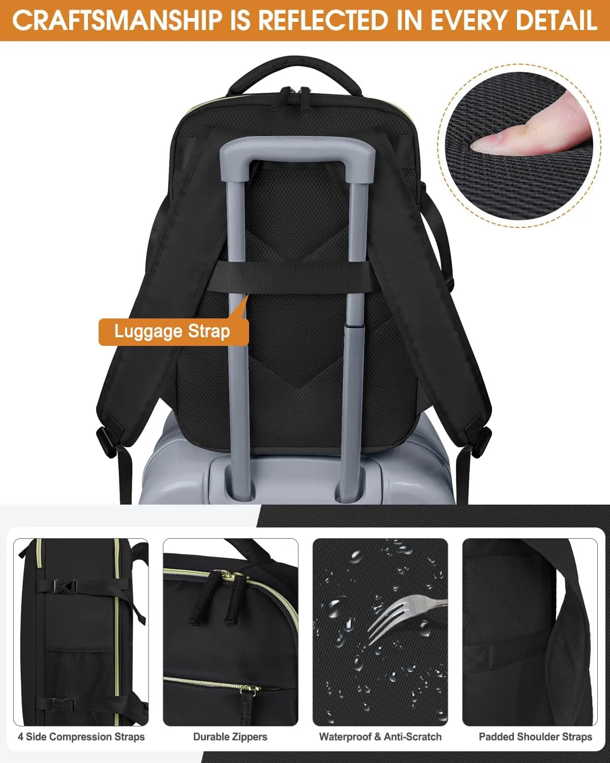Capolo Travel Backpack for Women Men Waterproof Laptop Backpack Airlines Approved Carry On Backpack Bag Computer Bookbag for Business, Work, Traveling Fits 15.6 Inch Laptop(Black)
