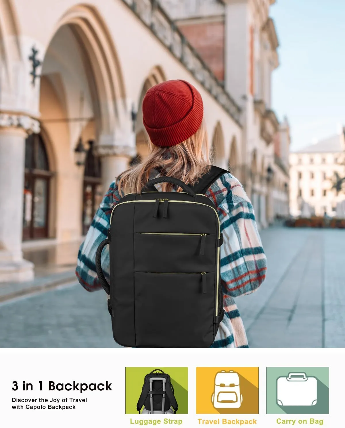 Capolo Travel Backpack for Women Men Waterproof Laptop Backpack Airlines Approved Carry On Backpack Bag Computer Bookbag for Business, Work, Traveling Fits 15.6 Inch Laptop(Black)