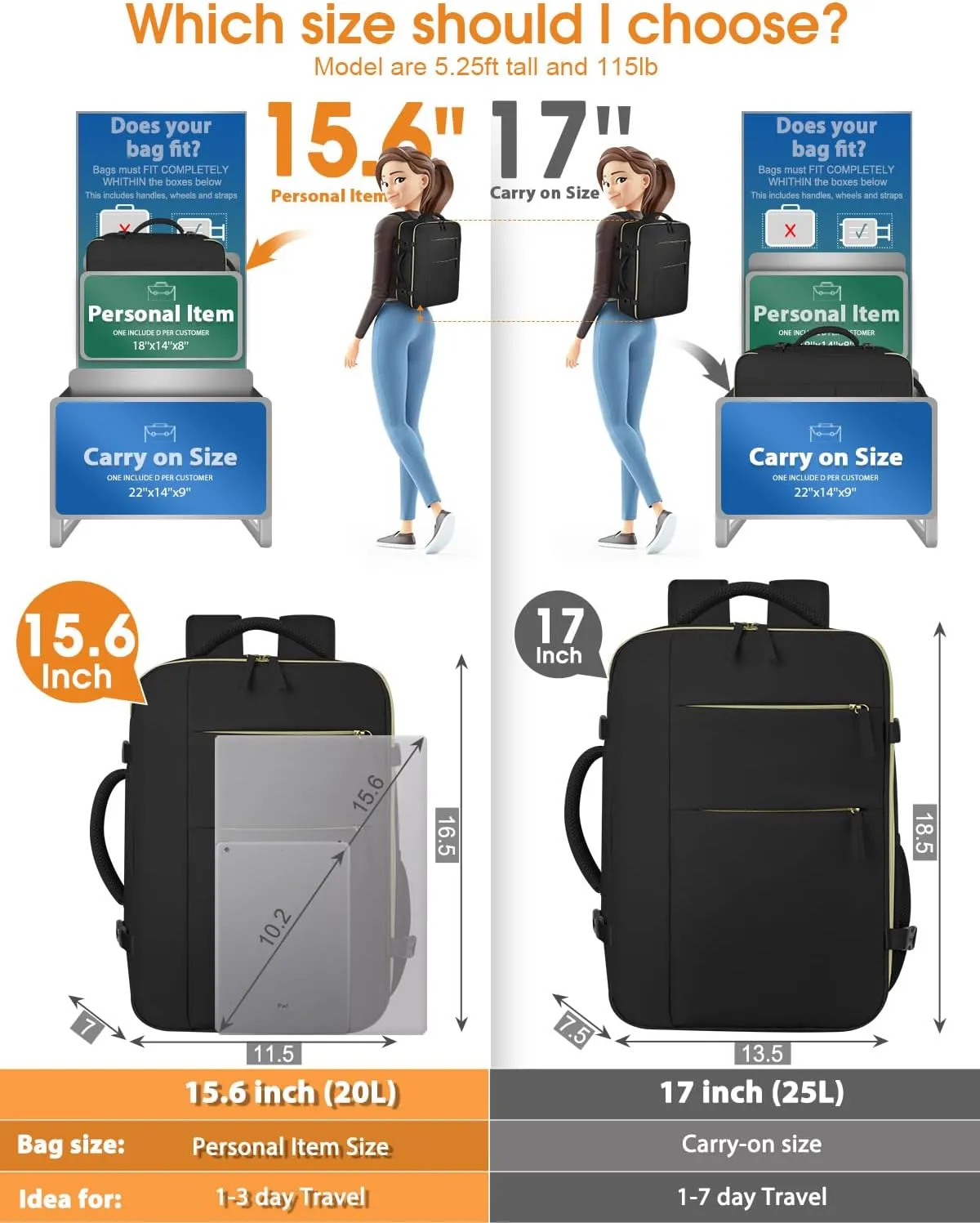 Capolo Travel Backpack for Women Men Waterproof Laptop Backpack Airlines Approved Carry On Backpack Bag Computer Bookbag for Business, Work, Traveling Fits 15.6 Inch Laptop(Black)