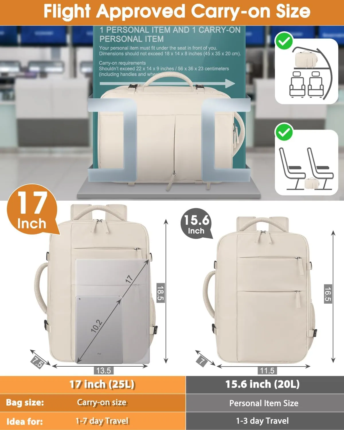Capolo Travel Backpack for Women Men Waterproof Laptop Backpack Airlines Approved Carry On Backpack Bag Computer Bookbag for Business, Work, Traveling Fits 17 Inch Laptop(Beige)