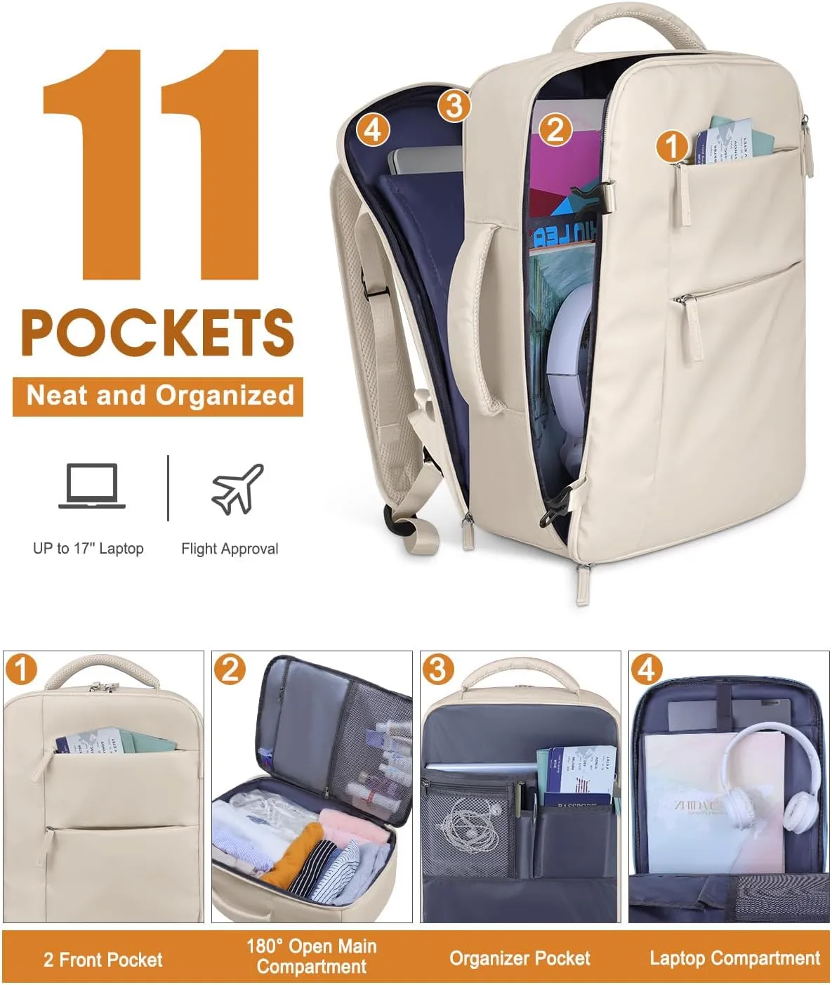 Capolo Travel Backpack for Women Men Waterproof Laptop Backpack Airlines Approved Carry On Backpack Bag Computer Bookbag for Business, Work, Traveling Fits 17 Inch Laptop(Beige)