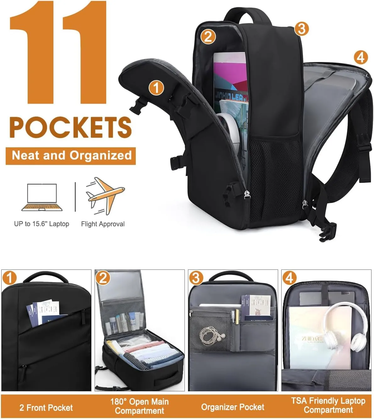 Capolo Travel Backpack for Women Men Waterproof Laptop Backpack Flight Approved Carry On Backpack Overnight Weekender Bag College Bookbag for Business, Work, Traveling Fits 15.6 '' Laptop,Black