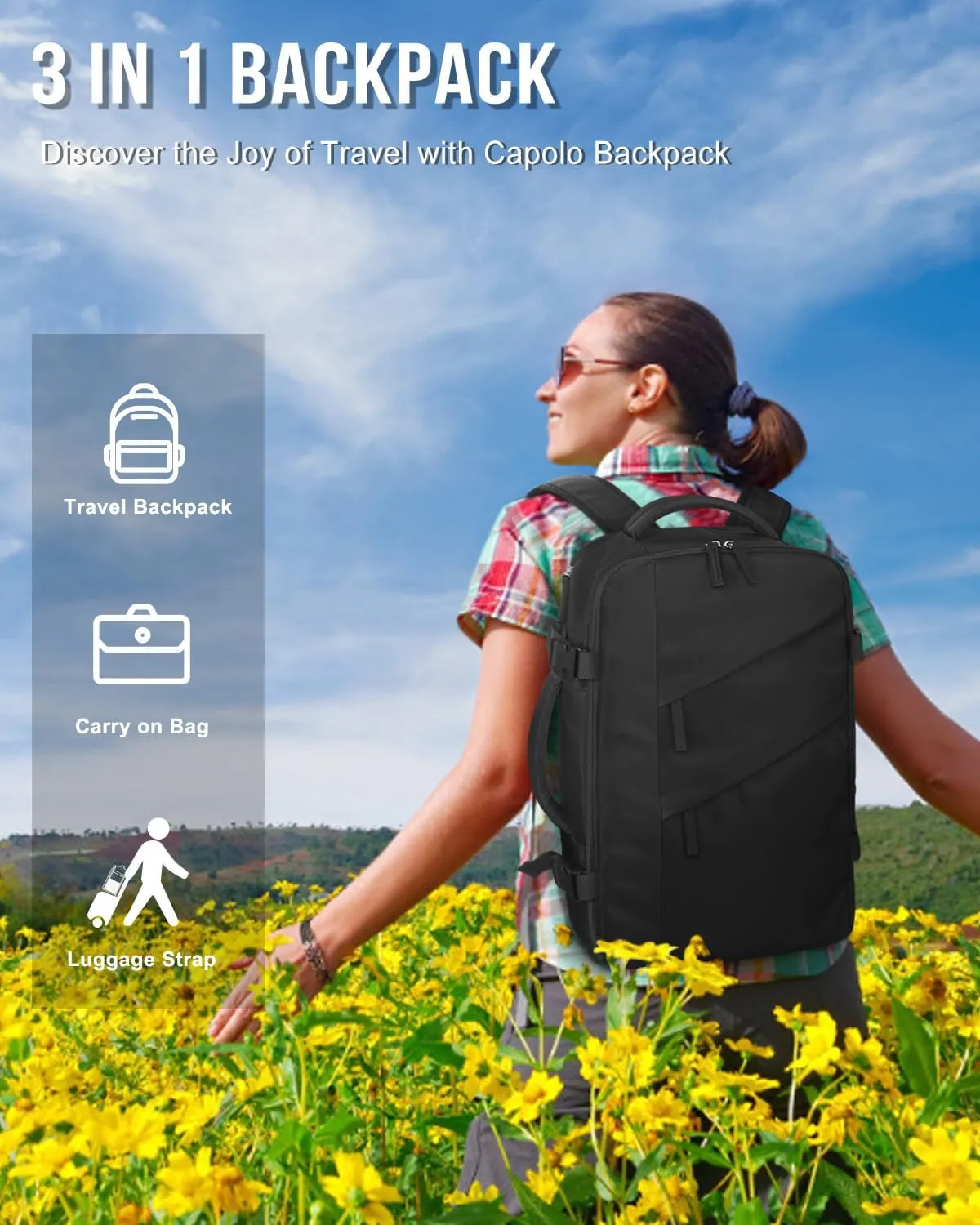 Capolo Travel Backpack for Women Men Waterproof Laptop Backpack Flight Approved Carry On Backpack Overnight Weekender Bag College Bookbag for Business, Work, Traveling Fits 15.6 '' Laptop,Black