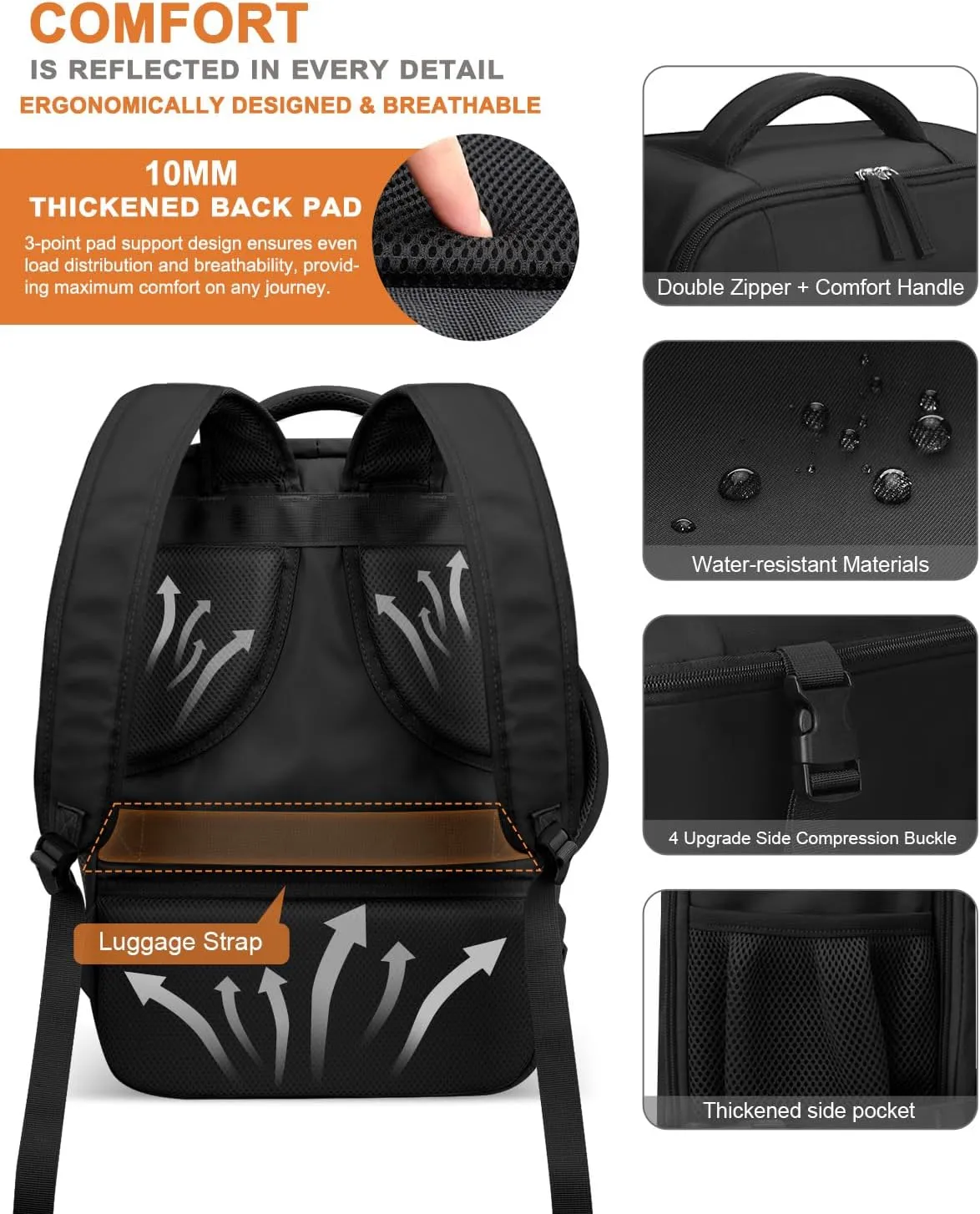 Capolo Travel Backpack for Women Men Waterproof Laptop Backpack Flight Approved Carry On Backpack Overnight Weekender Bag College Bookbag for Business, Work, Traveling Fits 15.6 '' Laptop,Black