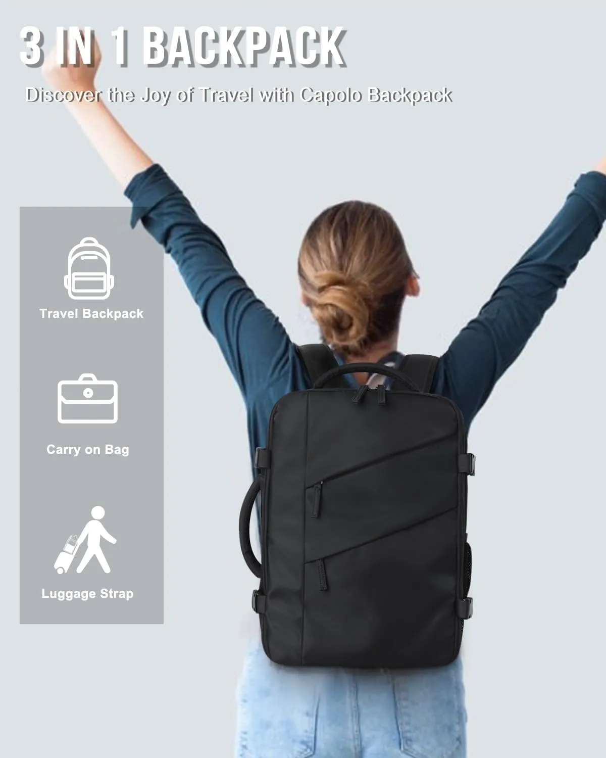 Capolo Travel Backpack for Women Men Waterproof Laptop Backpack Flight Approved Carry On Backpack Overnight Weekender Bag College Bookbag for Business, Work, Traveling Fits 15.6 '' Laptop,Black