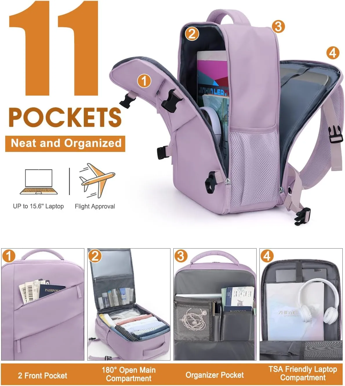 Capolo Travel Backpack for Women Men Waterproof Laptop Backpack Flight Approved Carry On Backpack Overnight Weekender Bag College Bookbag for Business, Work, Traveling Fits 15.6 '' Laptop,Purple
