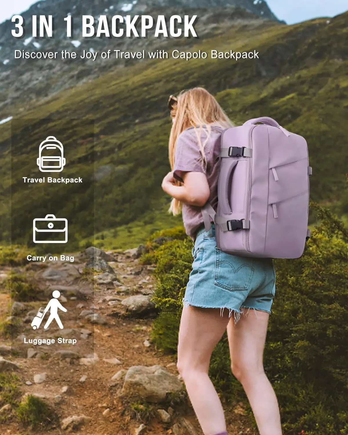 Capolo Travel Backpack for Women Men Waterproof Laptop Backpack Flight Approved Carry On Backpack Overnight Weekender Bag College Bookbag for Business, Work, Traveling Fits 15.6 '' Laptop,Purple