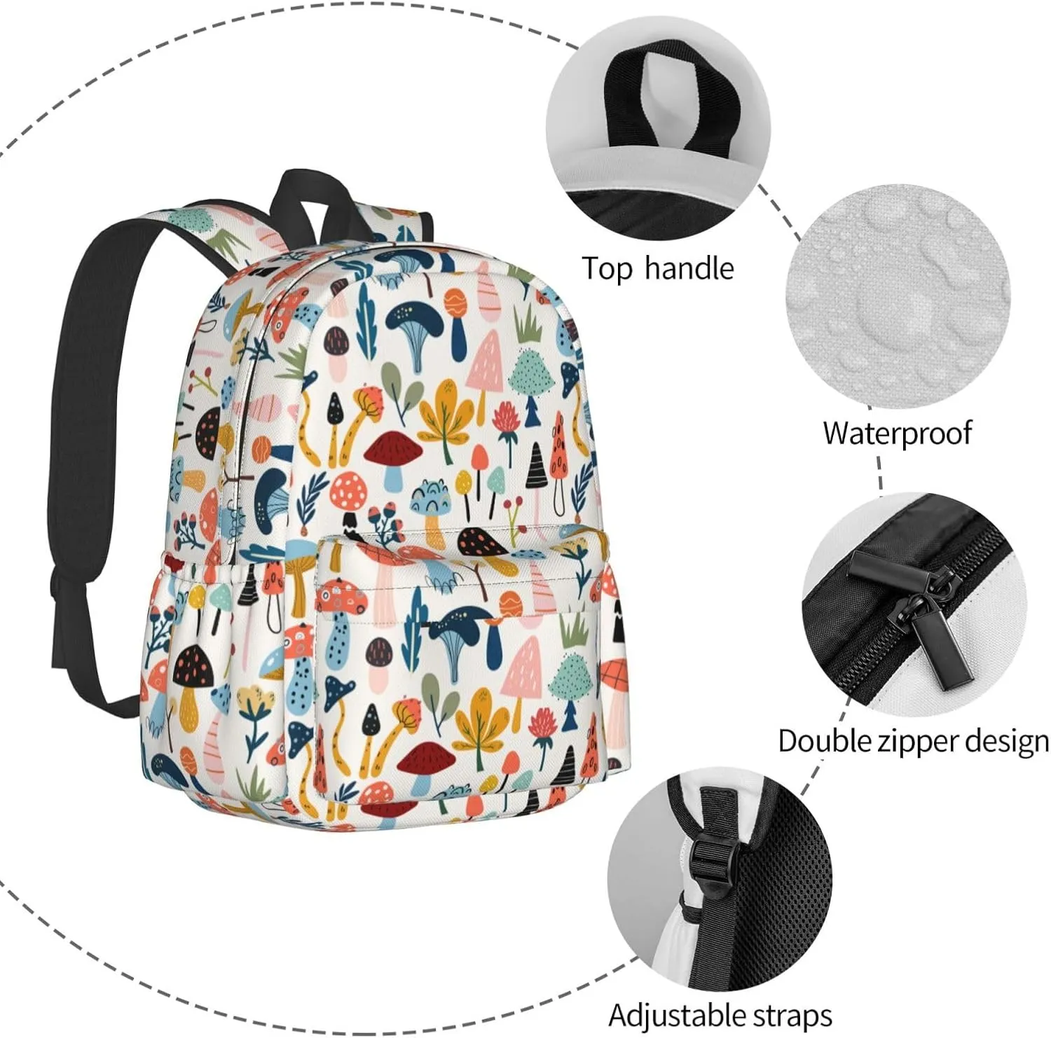 Cartoon Mushrooms Stylish Backpack With Adjustable Padded Shoulder Straps Daypacks For College Travel