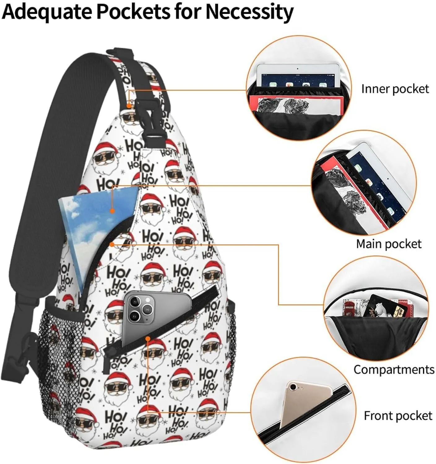 Cartoon Santa Claus Ho Ho Ho Sling Backpack Chest Bag Crossbody Shoulder Bag Gym Cycling Travel Hiking Daypack For Men Women