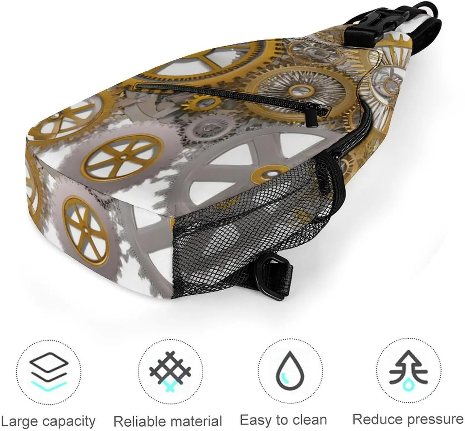 Casual Sling Backpack, Bag, Gears Style Steampunk Mechanical Gold Clock Art Shoulder Crossbody Bag Chest Pack, Bookbag, Gym Bags Sack Daypack Outdoor Backpack for Man Women Lady