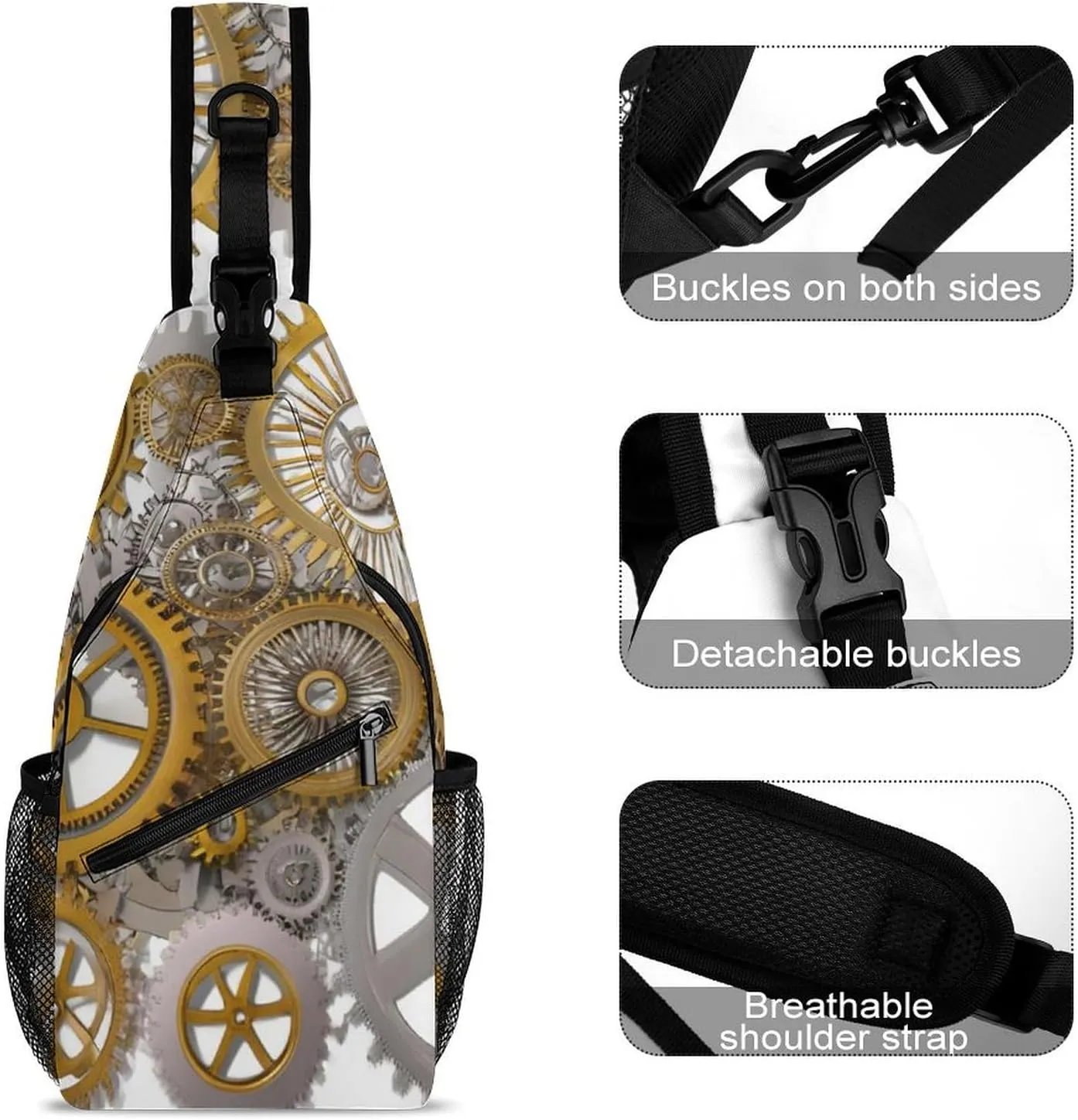 Casual Sling Backpack, Bag, Gears Style Steampunk Mechanical Gold Clock Art Shoulder Crossbody Bag Chest Pack, Bookbag, Gym Bags Sack Daypack Outdoor Backpack for Man Women Lady