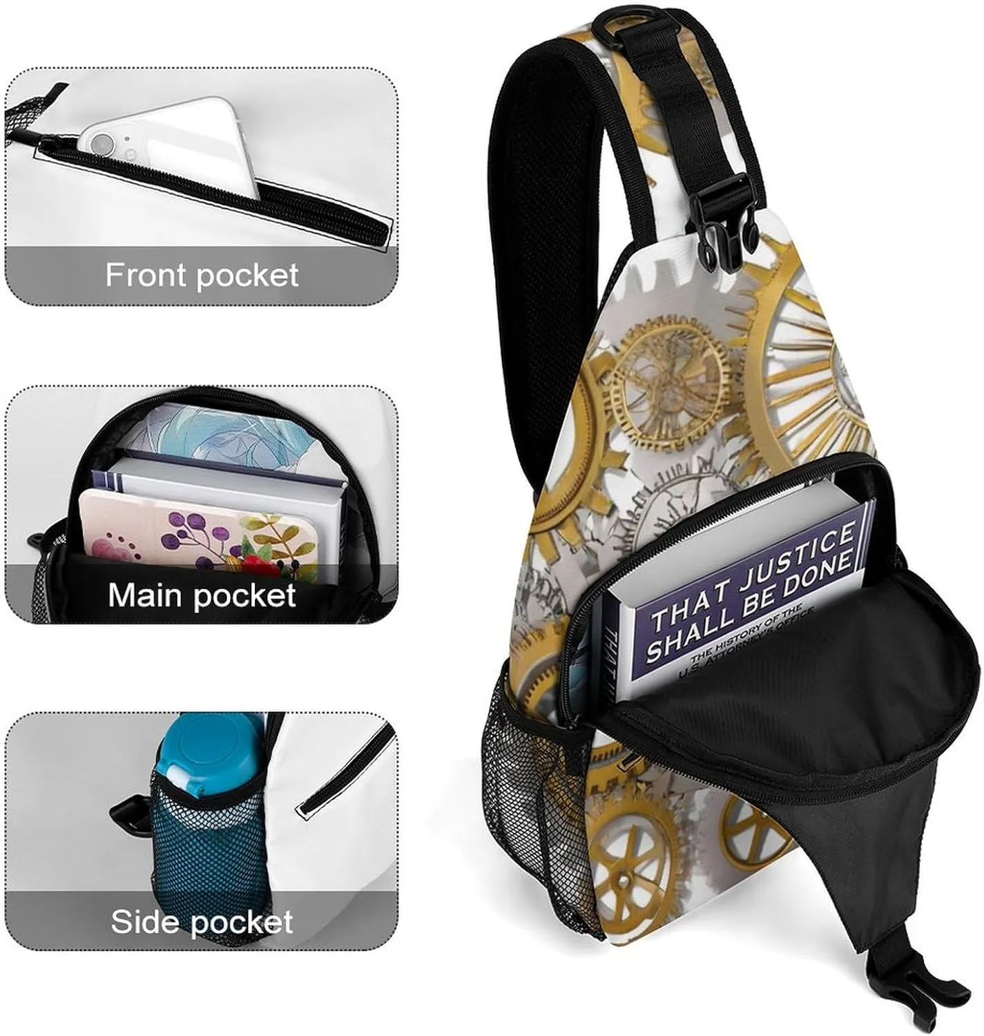 Casual Sling Backpack, Bag, Gears Style Steampunk Mechanical Gold Clock Art Shoulder Crossbody Bag Chest Pack, Bookbag, Gym Bags Sack Daypack Outdoor Backpack for Man Women Lady