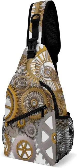 Casual Sling Backpack, Bag, Gears Style Steampunk Mechanical Gold Clock Art Shoulder Crossbody Bag Chest Pack, Bookbag, Gym Bags Sack Daypack Outdoor Backpack for Man Women Lady