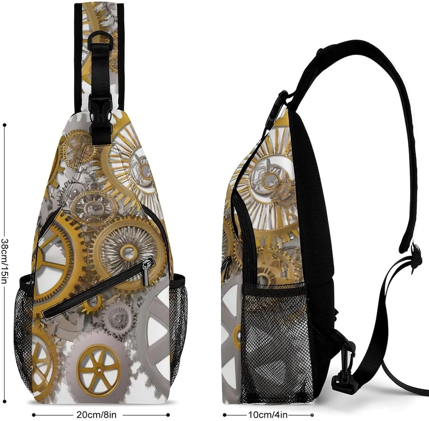 Casual Sling Backpack, Bag, Gears Style Steampunk Mechanical Gold Clock Art Shoulder Crossbody Bag Chest Pack, Bookbag, Gym Bags Sack Daypack Outdoor Backpack for Man Women Lady