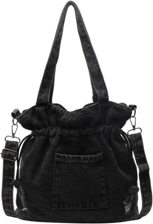 Casual Washed Denim Shoulder Bag Japanese Drawstring Crossbody Messenger Bags for Women Trendy