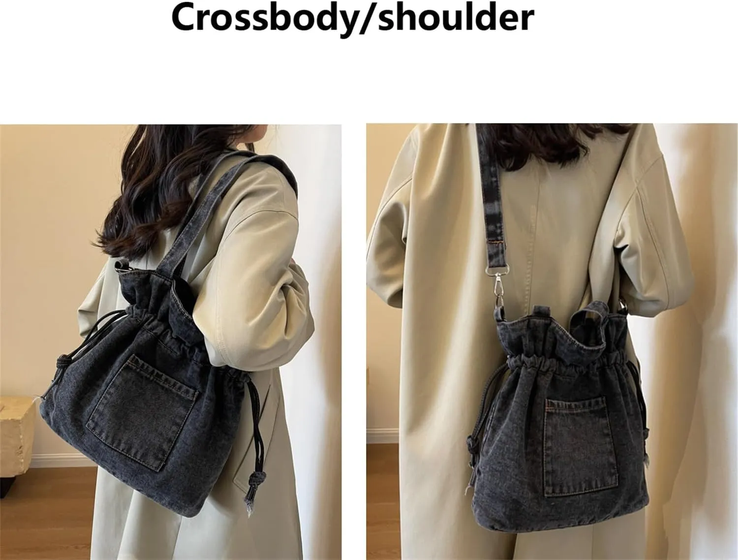 Casual Washed Denim Shoulder Bag Japanese Drawstring Crossbody Messenger Bags for Women Trendy
