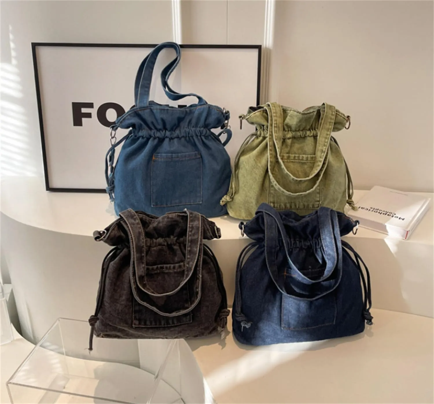 Casual Washed Denim Shoulder Bag Japanese Drawstring Crossbody Messenger Bags for Women Trendy