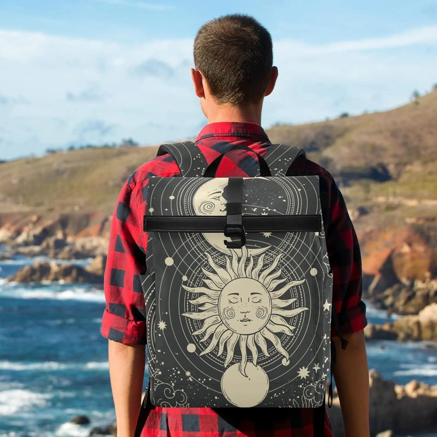 CBBYY Astrology Tarot Goth Travel Roll Top Backpack for Men, Expandable Waterproof Trendy Laptop Backpack