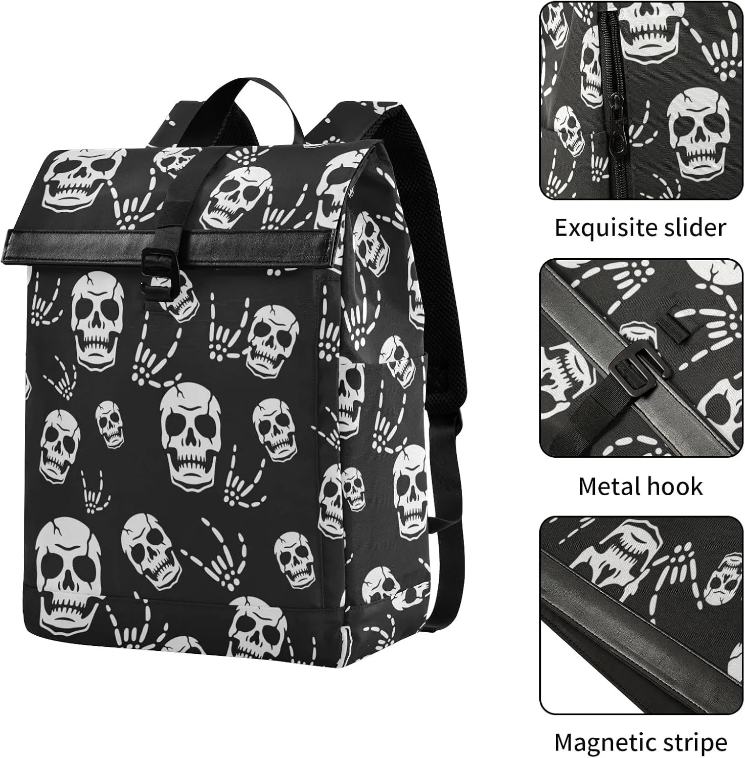 CBBYY Gothic Skeleton Travel Roll Top Backpack for Men, Expandable Waterproof Trendy Laptop Backpack