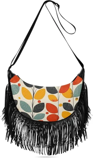 CEBUGI Women's Fringe Crossbody Tassel Purse Abstract Floral Pattern Hobo Shoulder Bags Crossbody Handbag with Adjustable Shoulder Straps