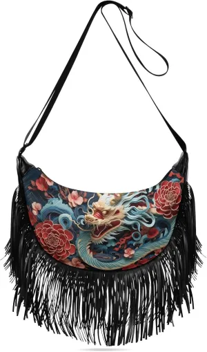 CEBUGI Women's Fringe Crossbody Tassel Purse Celebration Chinese Dragon Hobo Shoulder Bags Crossbody Handbag with Adjustable Shoulder Straps