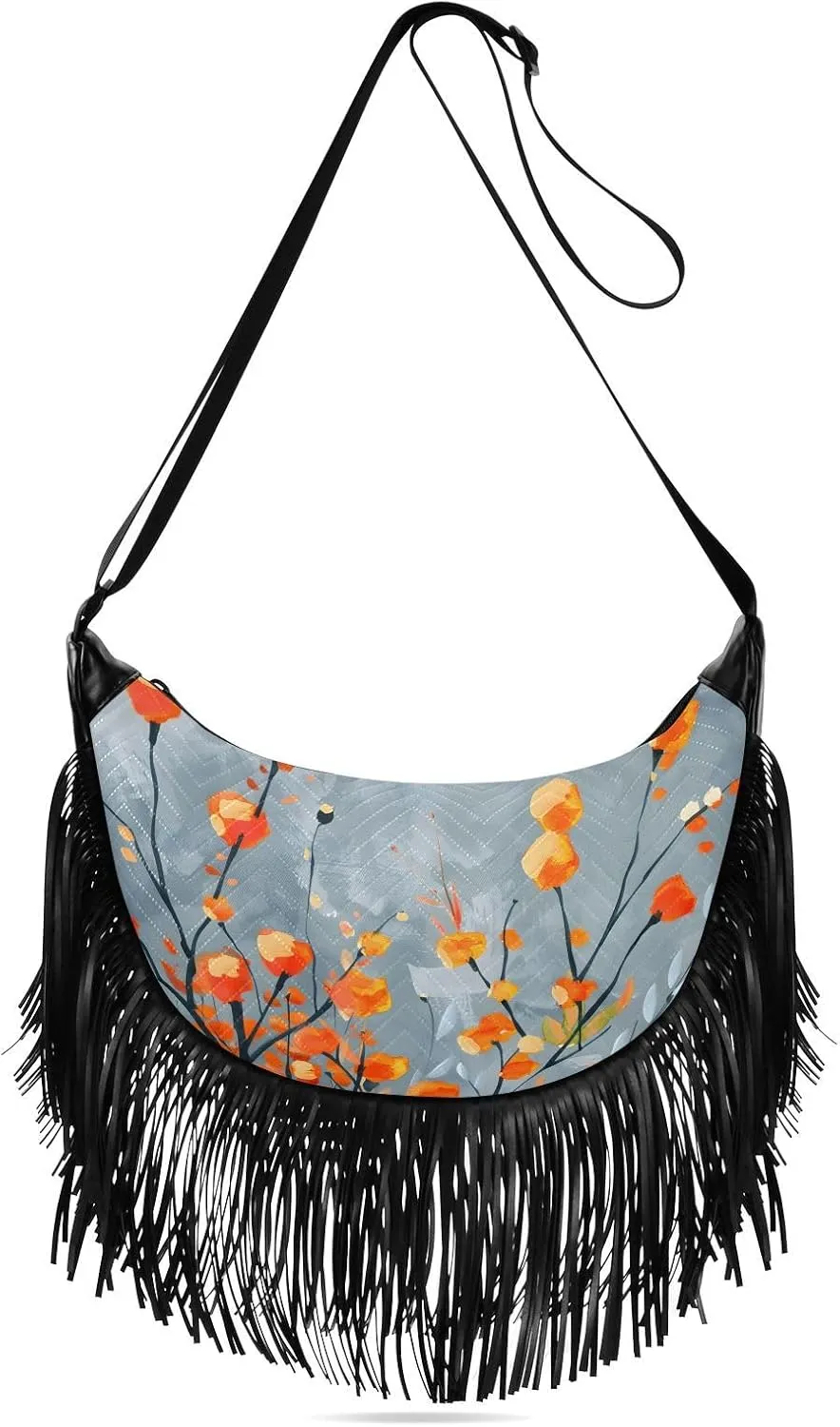 CEBUGI Women's Fringe Crossbody Tassel Purse Vintage Florals Hobo Shoulder Bags Crossbody Handbag with Adjustable Shoulder Straps