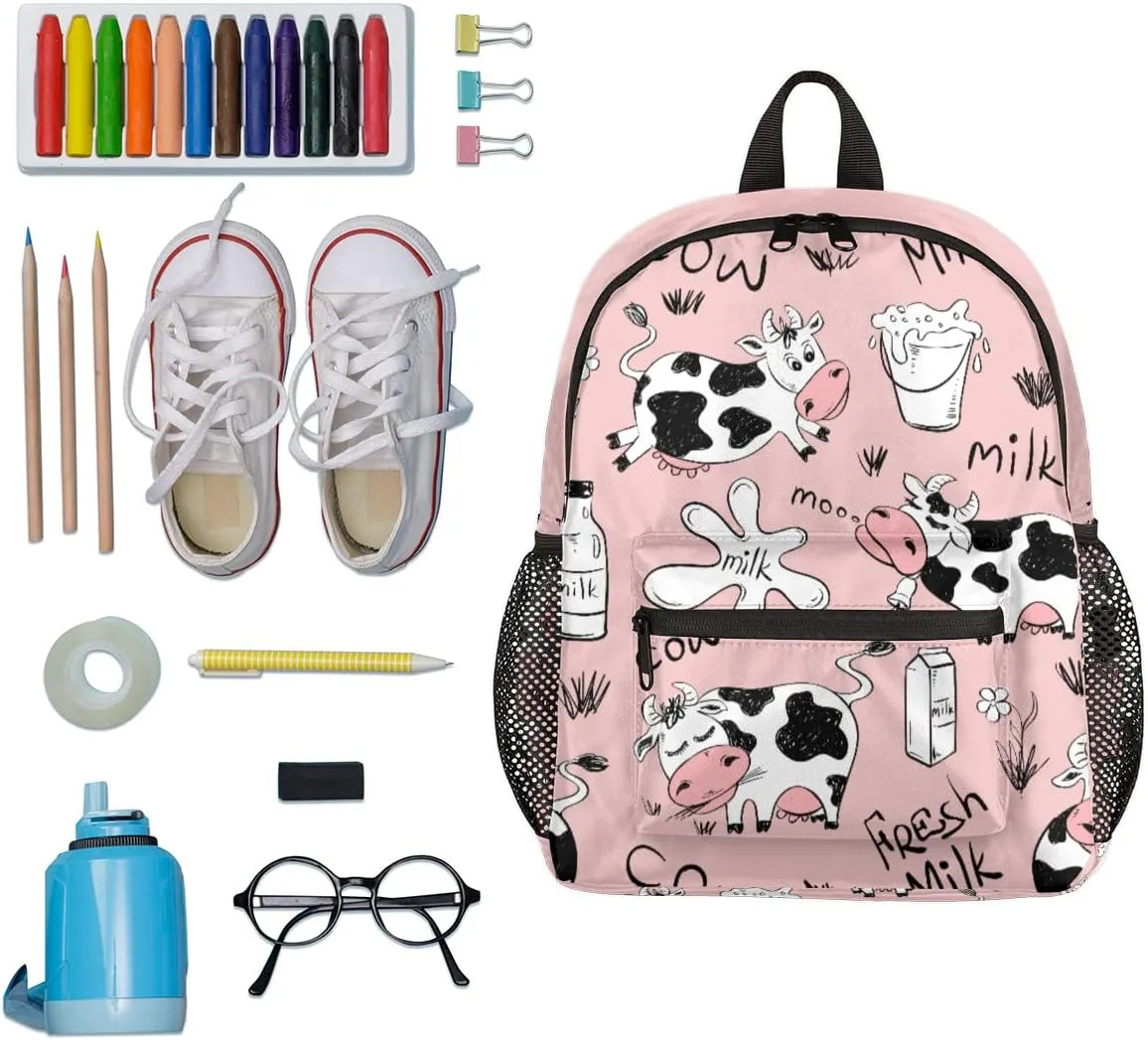 cfpolar Milk Cow Kids Backpacks for Girls, Cute Pink Toddler Backpack Preschool Kindergarten Elementary School Backpack Lightweight Mini Shoulder Bookbag Casual Daypack with Chest Strap