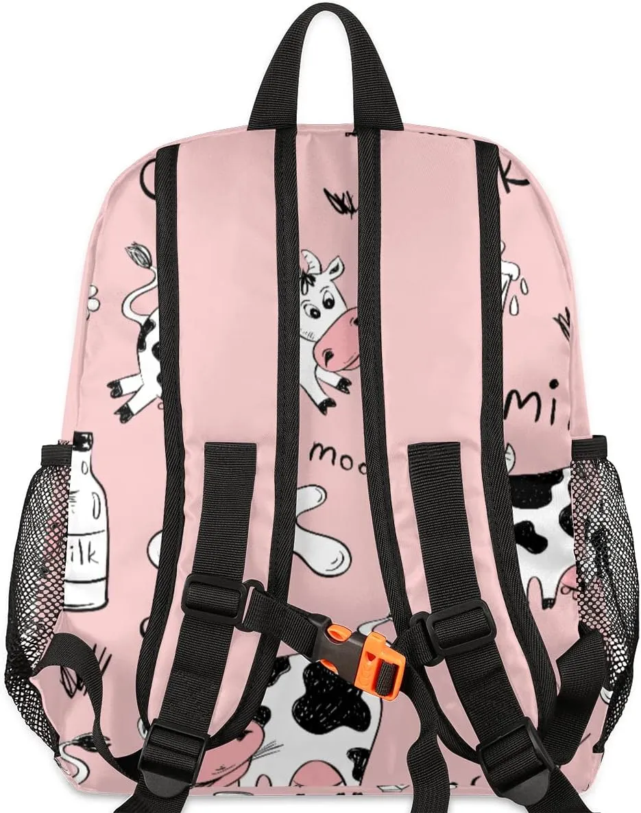 cfpolar Milk Cow Kids Backpacks for Girls, Cute Pink Toddler Backpack Preschool Kindergarten Elementary School Backpack Lightweight Mini Shoulder Bookbag Casual Daypack with Chest Strap