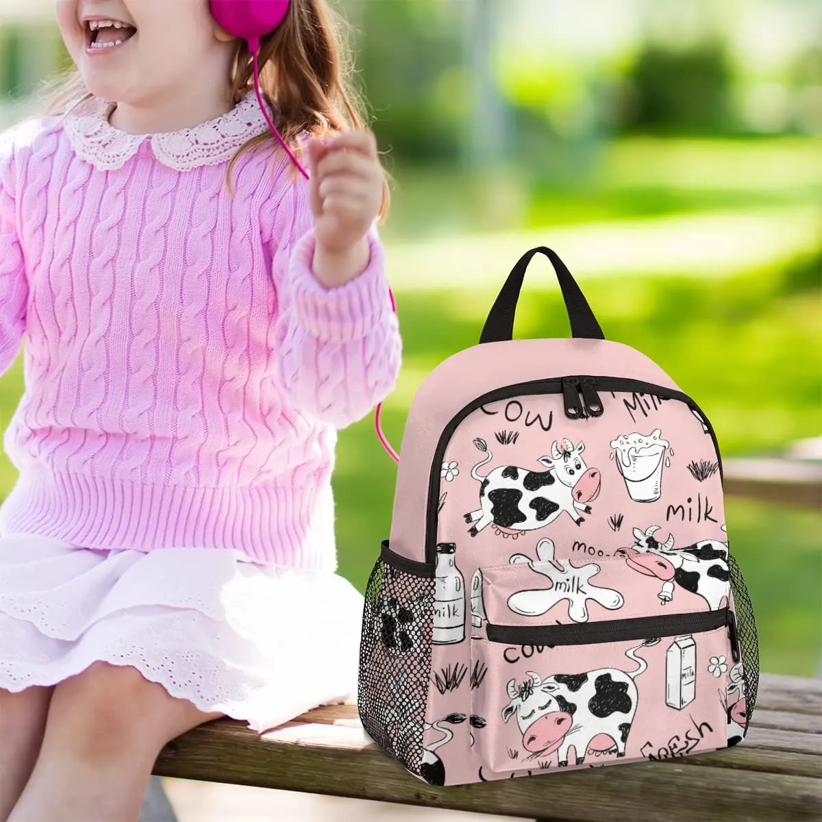 cfpolar Milk Cow Kids Backpacks for Girls, Cute Pink Toddler Backpack Preschool Kindergarten Elementary School Backpack Lightweight Mini Shoulder Bookbag Casual Daypack with Chest Strap