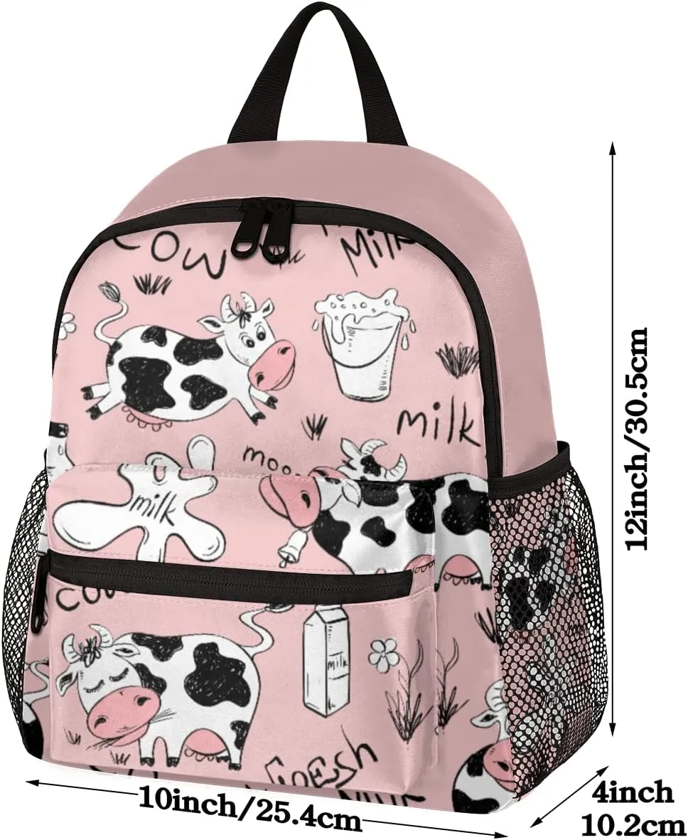 cfpolar Milk Cow Kids Backpacks for Girls, Cute Pink Toddler Backpack Preschool Kindergarten Elementary School Backpack Lightweight Mini Shoulder Bookbag Casual Daypack with Chest Strap