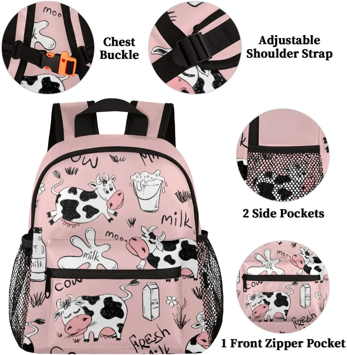 cfpolar Milk Cow Kids Backpacks for Girls, Cute Pink Toddler Backpack Preschool Kindergarten Elementary School Backpack Lightweight Mini Shoulder Bookbag Casual Daypack with Chest Strap