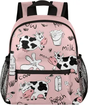 cfpolar Milk Cow Kids Backpacks for Girls, Cute Pink Toddler Backpack Preschool Kindergarten Elementary School Backpack Lightweight Mini Shoulder Bookbag Casual Daypack with Chest Strap