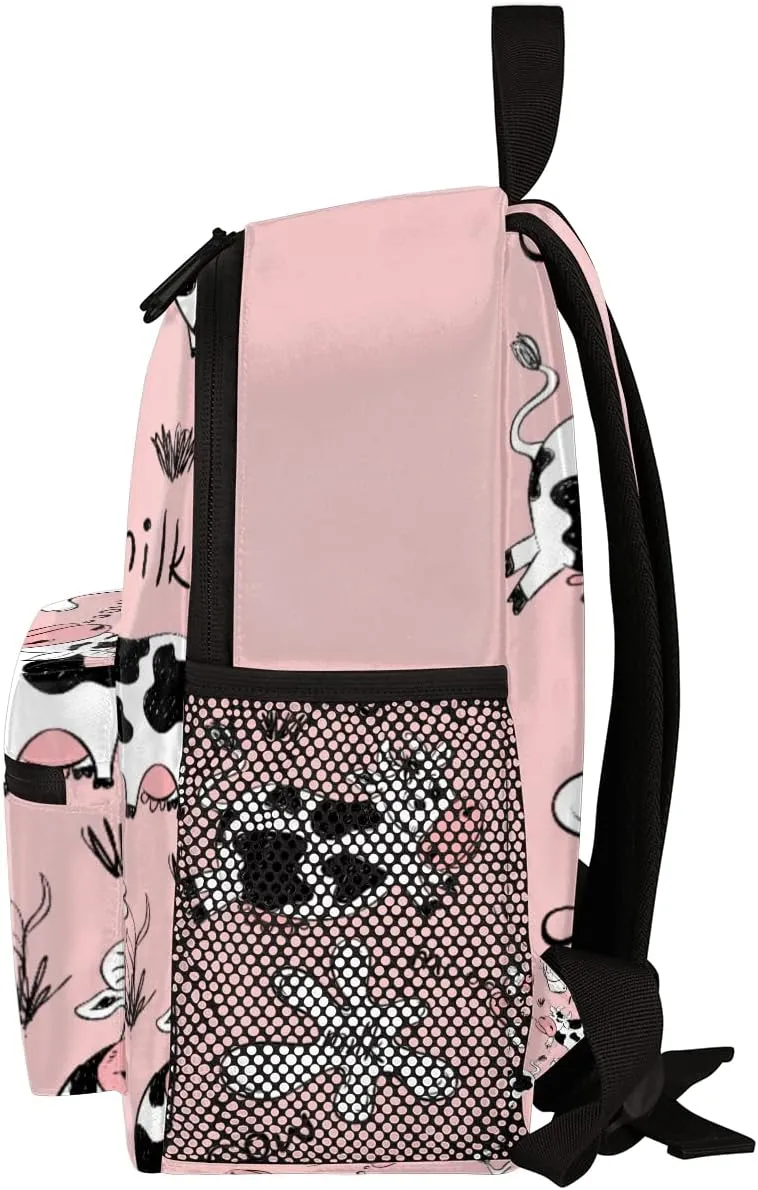 cfpolar Milk Cow Kids Backpacks for Girls, Cute Pink Toddler Backpack Preschool Kindergarten Elementary School Backpack Lightweight Mini Shoulder Bookbag Casual Daypack with Chest Strap